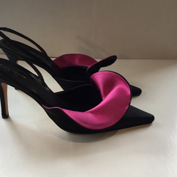 Kate Spade Fuschia and Black Satin sling back evening shoe. Size 10 Heel is 4". - Picture 4 of 5